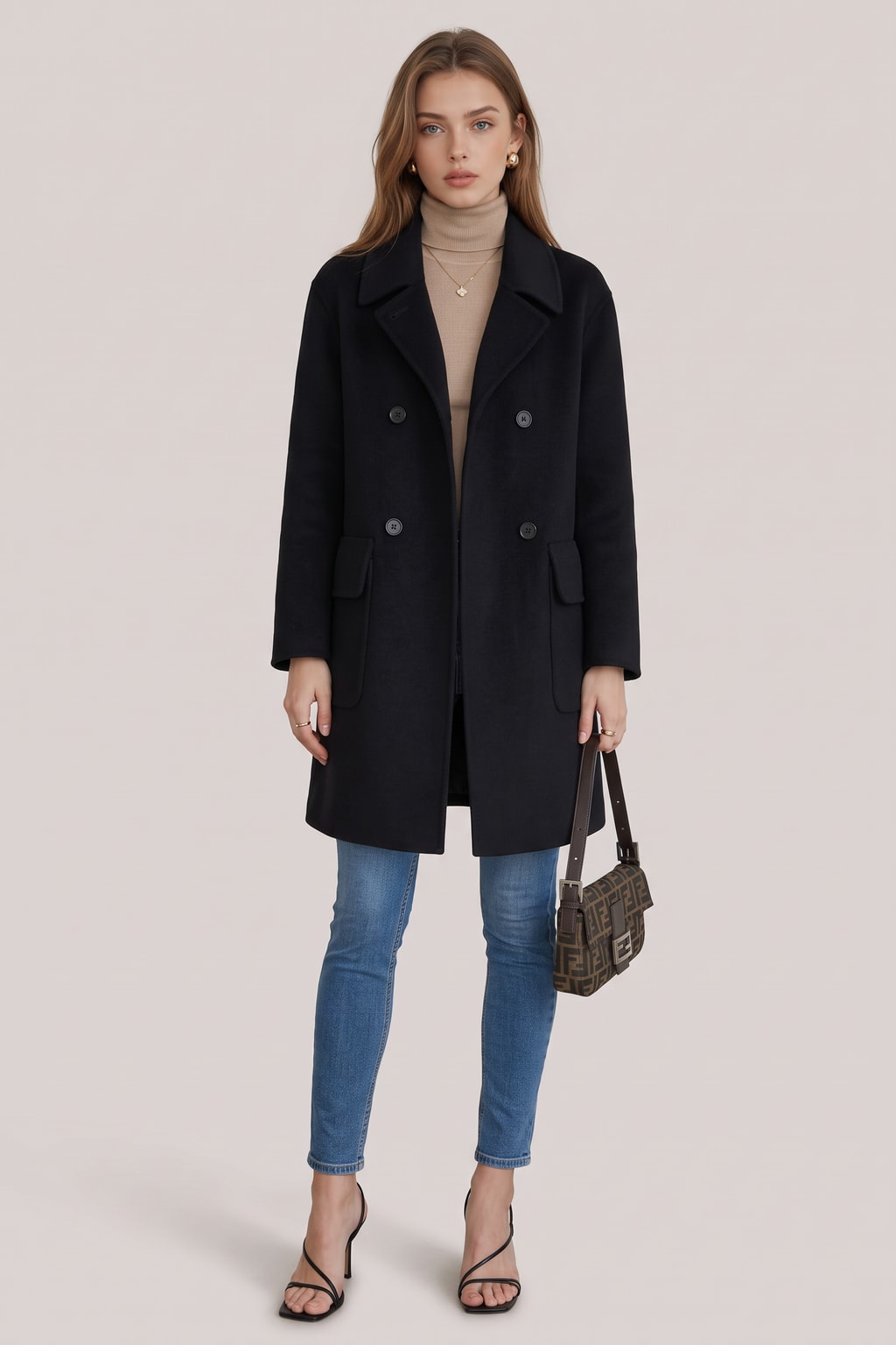 Wool Blend Double Breasted Coat with Notch Lapel - 2