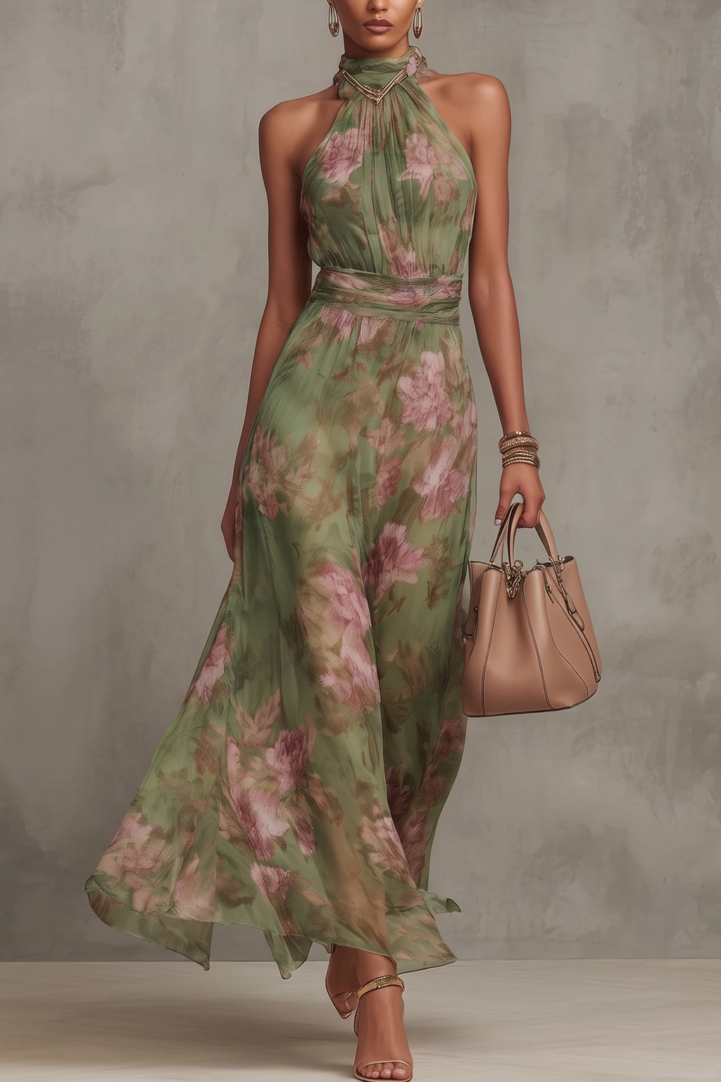 Floral Halter Maxi Dress With Flared Skirt - 6
