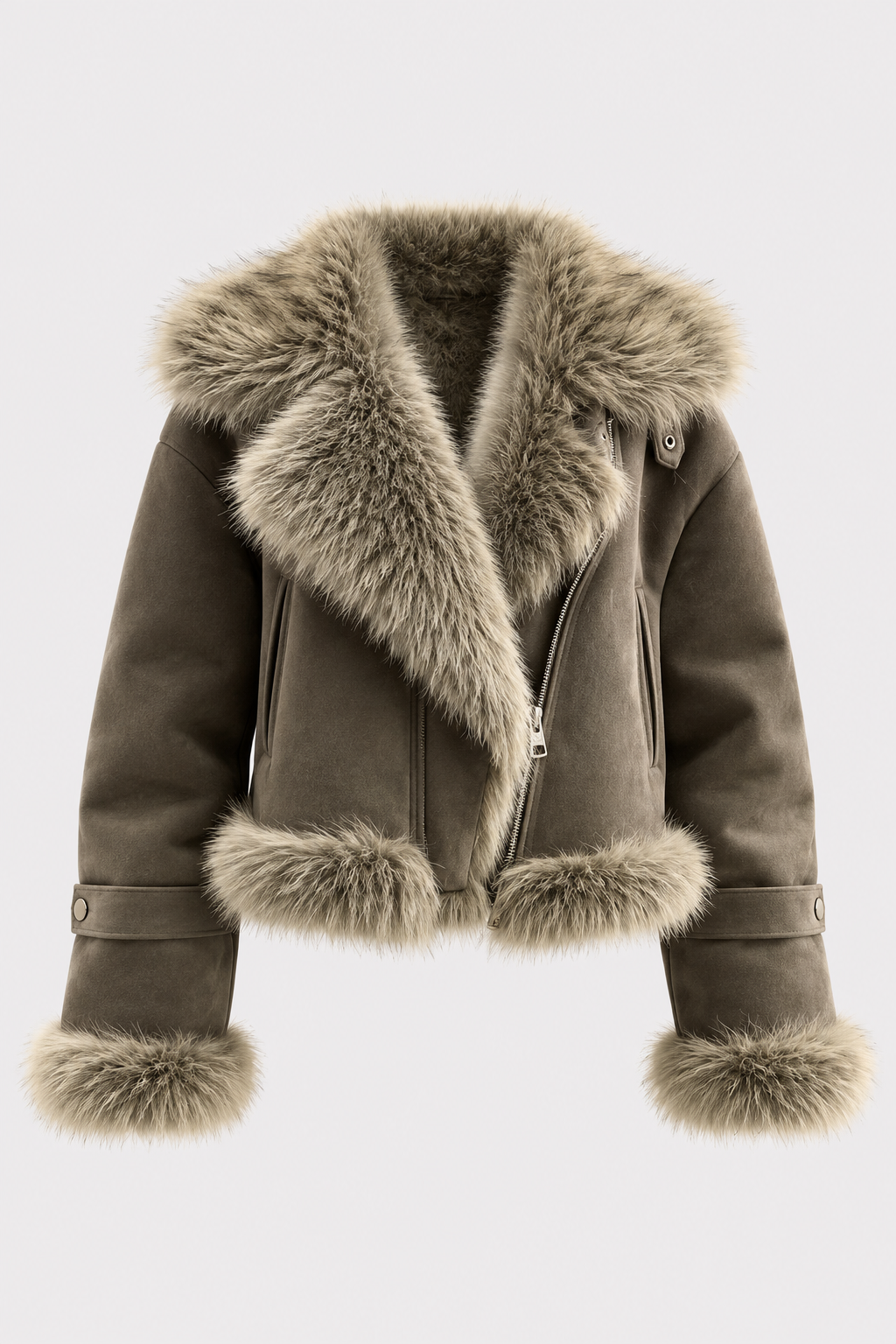 Faux Fur Jacket Polo Collar Short Motorcycle Style - 1
