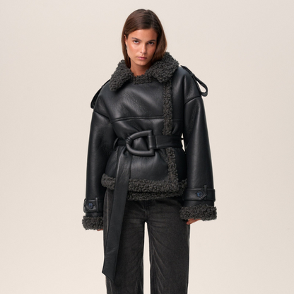 Shearling coat with adjustable waist belt - view 2