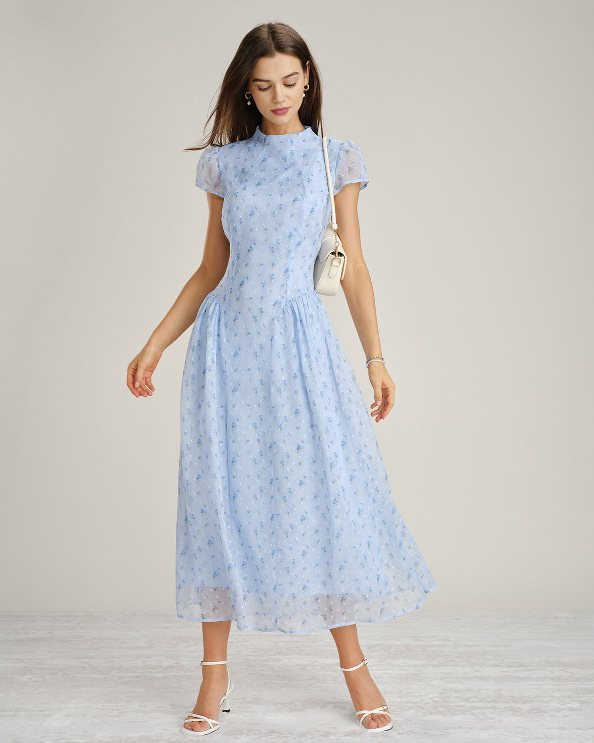 Blue Floral Maxi Dress Mock Neck Chiffon A-Line - 6