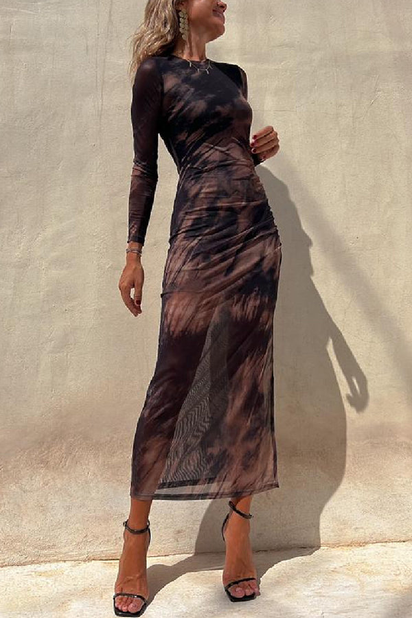 Tie-Dye Mesh Overlay Ruched Midi Dress - view 3
