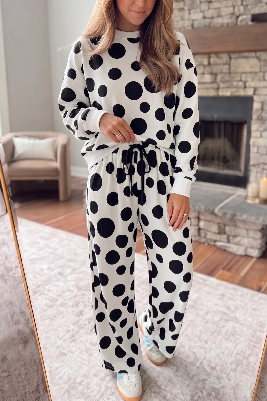 Polyester Two-Piece Set With Polka Dot Wide Leg - 2
