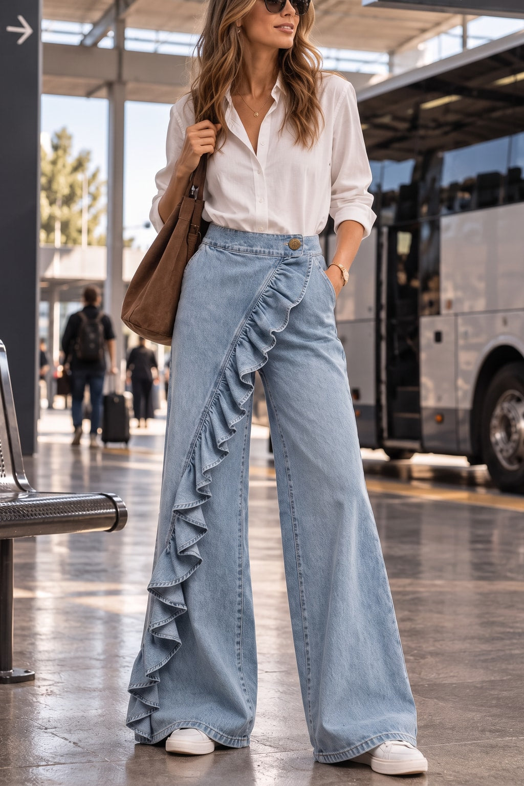 Denim Wide Leg Jeans With Ruffle Trim - 2
