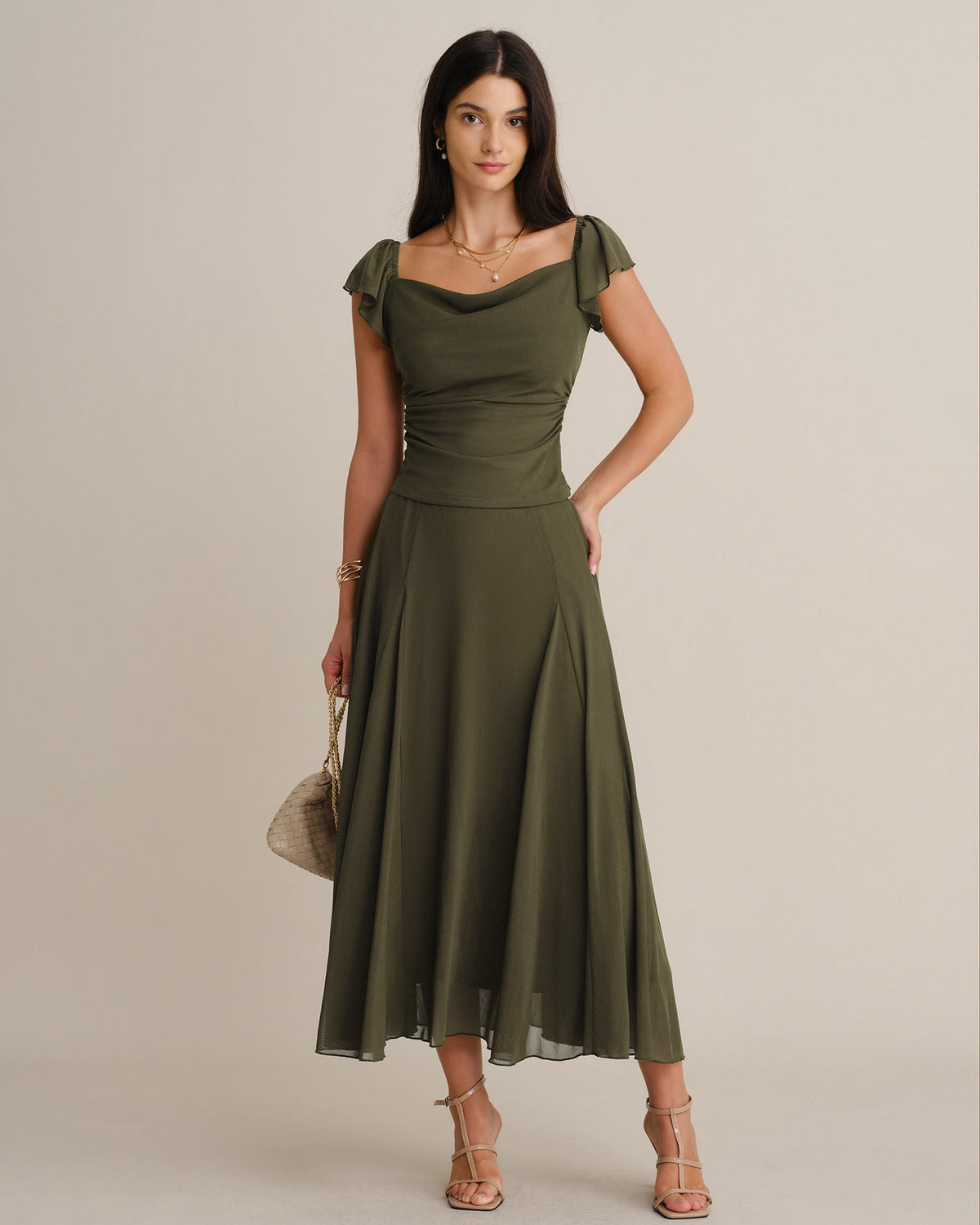 Green Mesh A-Line Midi Skirt, Elastic Waist - view 2