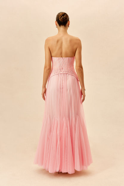 Pink Lace Bustier Organza Maxi Dress - view 4