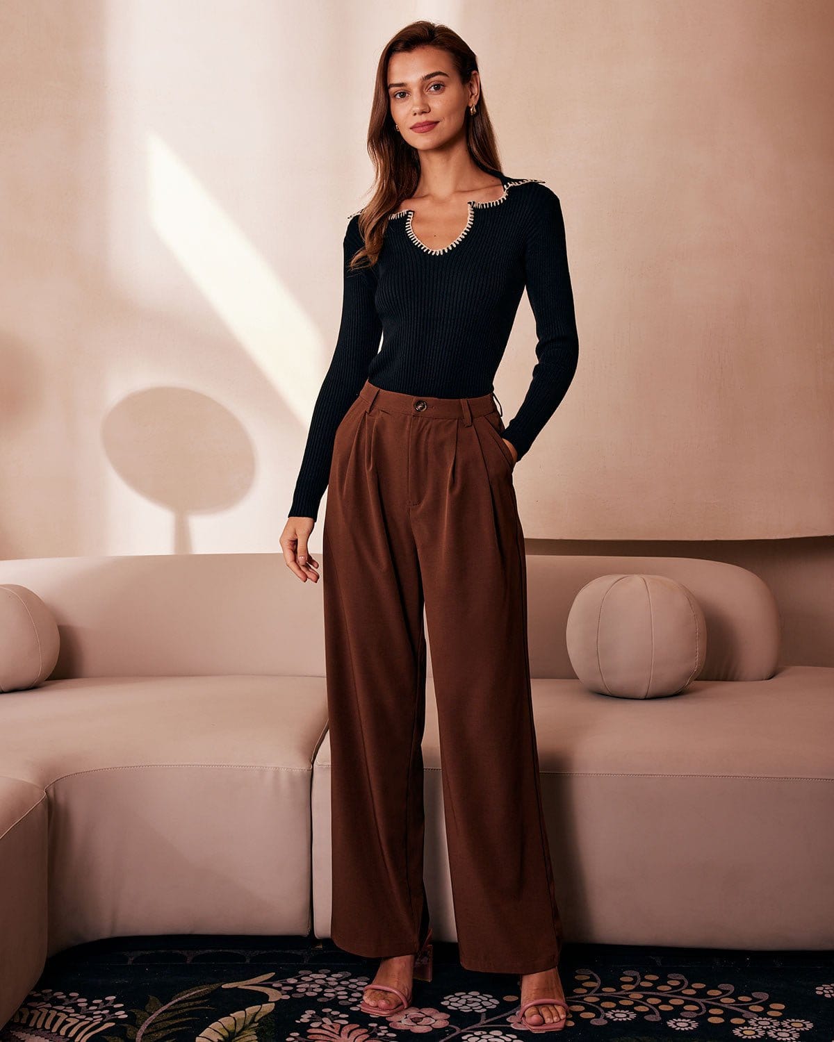Black Ribbed Knit Top with Colorblock Lapel - view 4