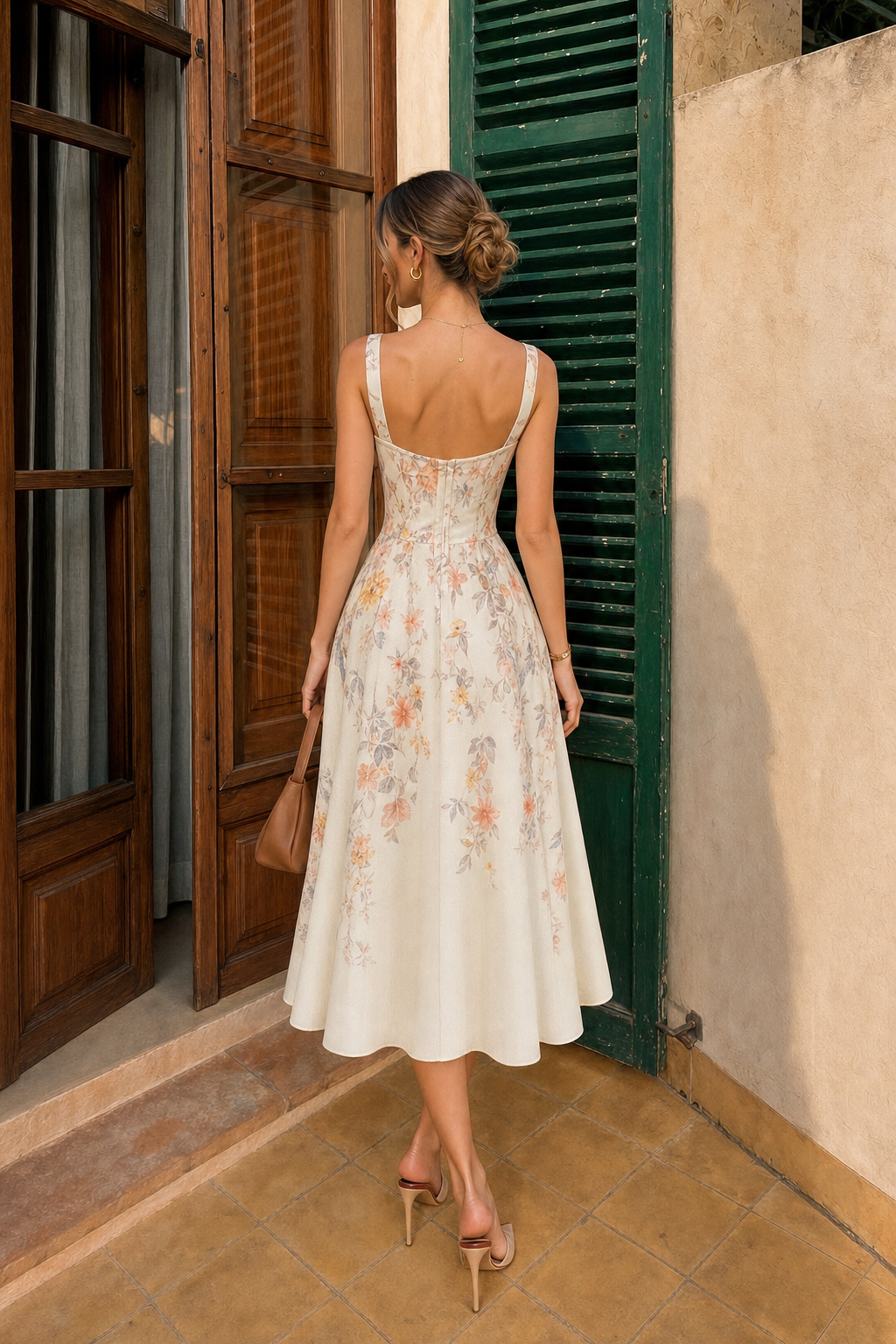 Floral Bird Print Bustier Midi Dress in Beige - view 4