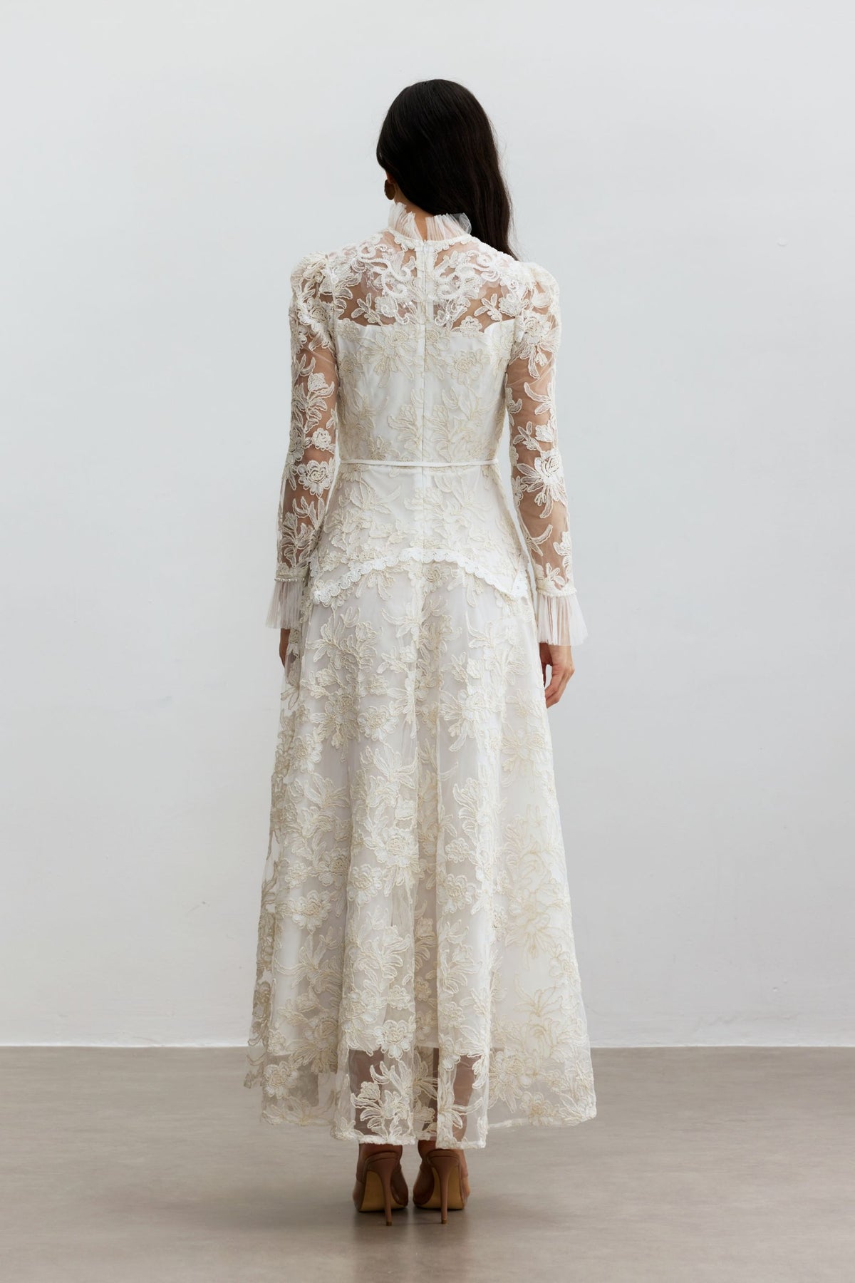 Floral Lace Mock Neck Maxi Dress with Pearls - view 4