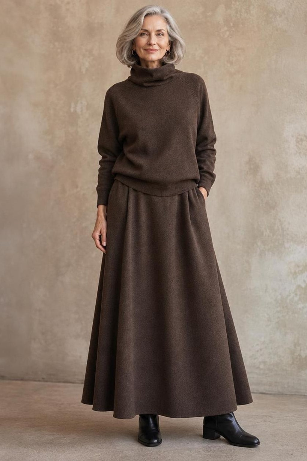 Fleece Knit Turtleneck Sweater And Maxi Skirt Set - 2