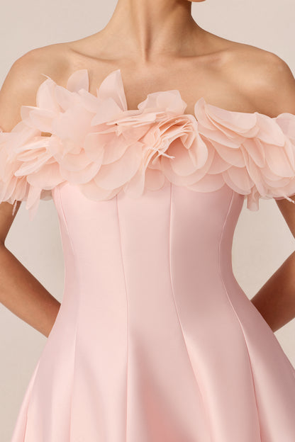 Pink satin off-shoulder maxi dress with floral trim - view 6