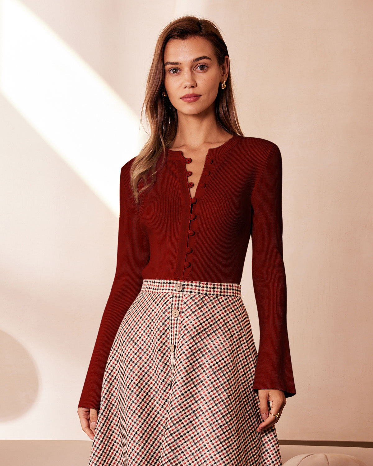 Red Bell Sleeve Ribbed Knit Top With Slim Fit & Round Neck - 2