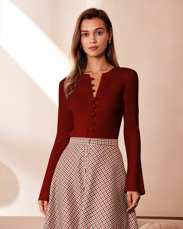 Red Bell Sleeve Ribbed Knit Top With Slim Fit & Round Neck - 2