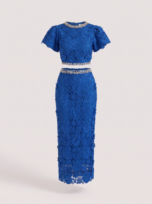Lace Rhinestone Crop Top and Midi Skirt Set