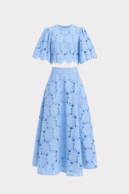 Blue Floral Lace Crop Top and Maxi Skirt Set