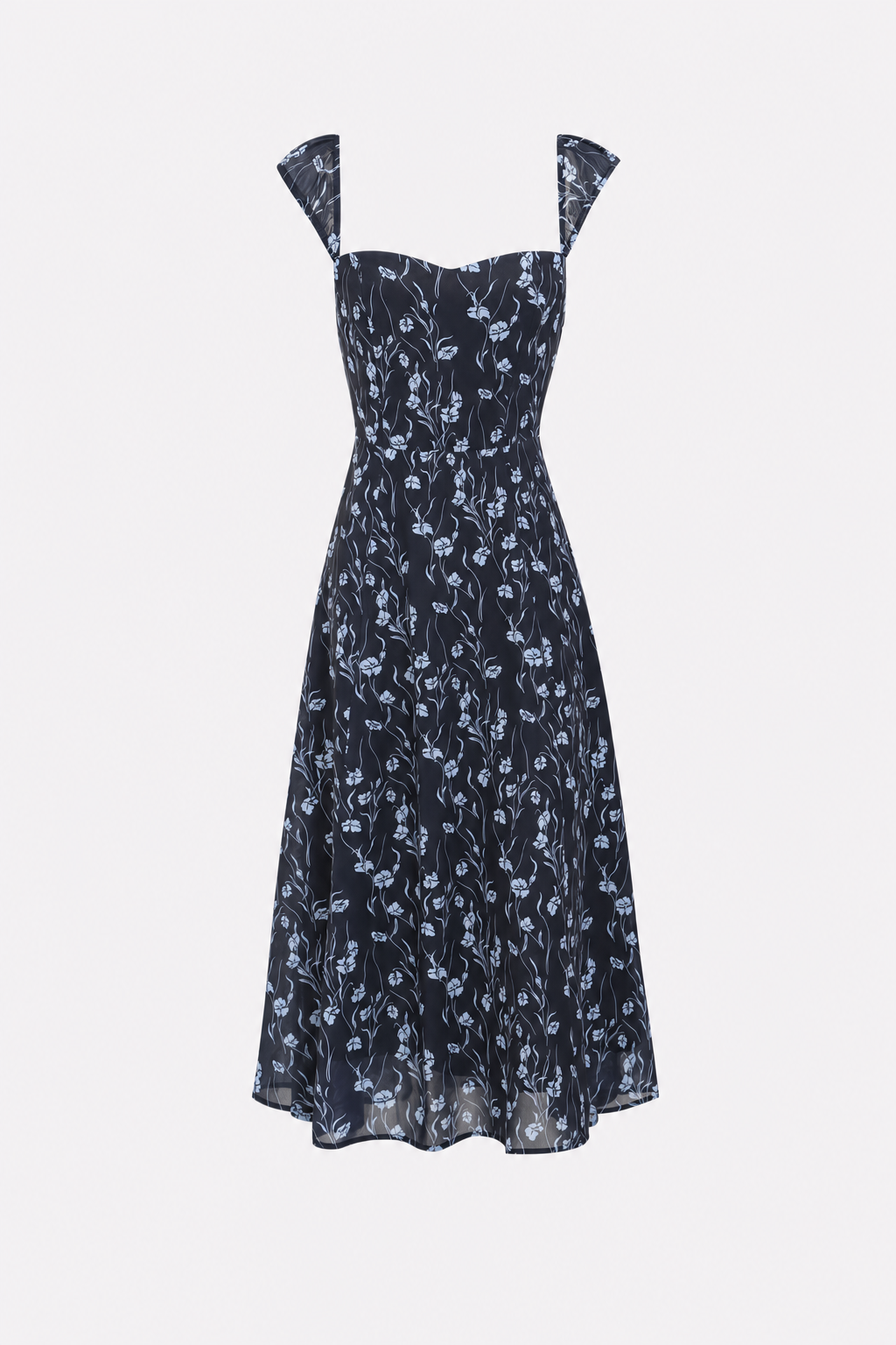 Navy Floral Sweetheart Neckline Midi Dress
