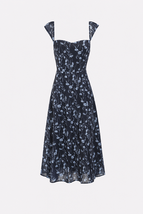 Navy Floral Sweetheart Neckline Midi Dress