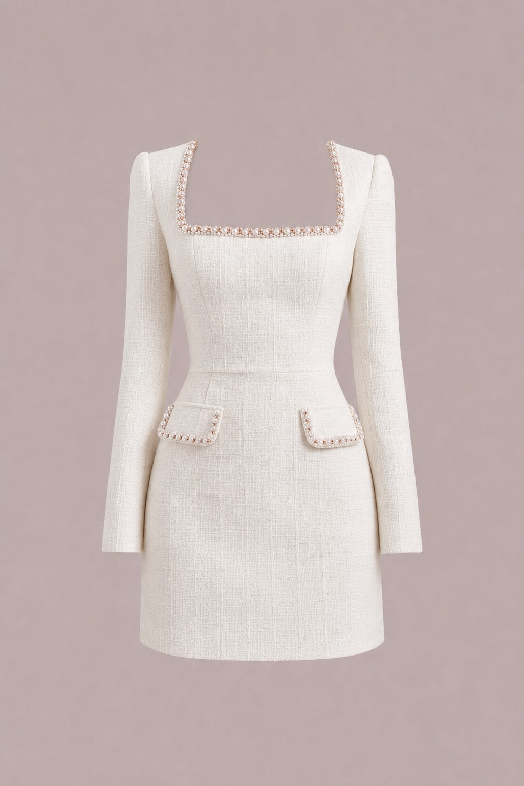 Tweed Mini Dress With Beaded Square Neckline - 1