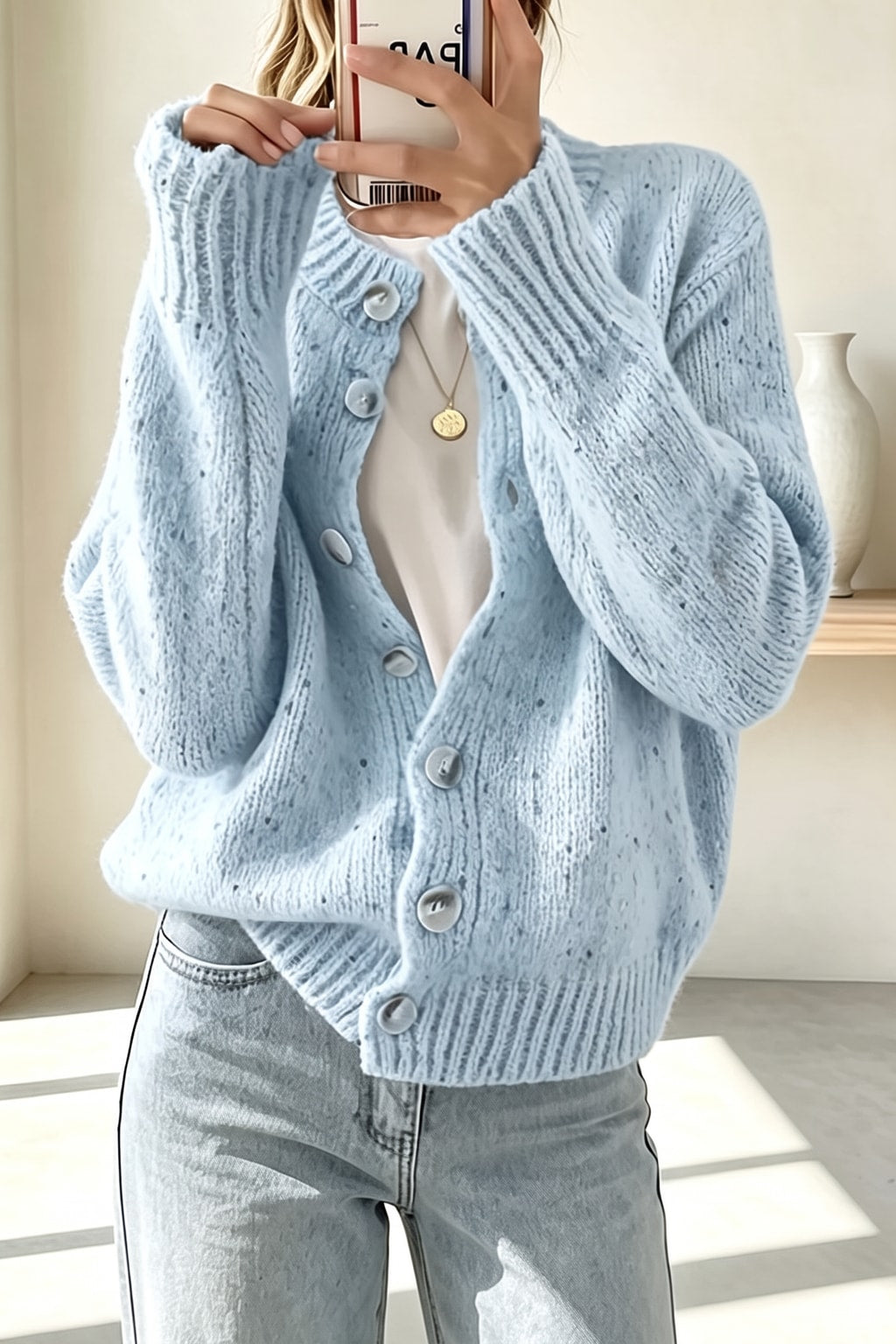 Knit Dot Print Long Sleeve Cardigan - 8