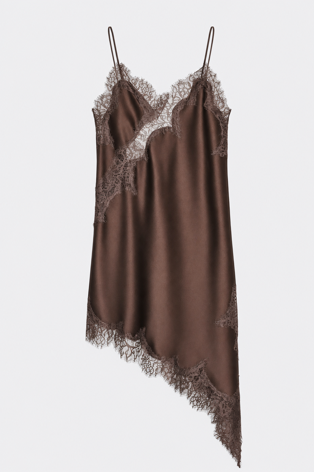 Satin slip mini dress with asymmetrical lace hem