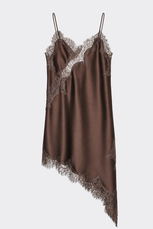 Satin slip mini dress with asymmetrical lace hem