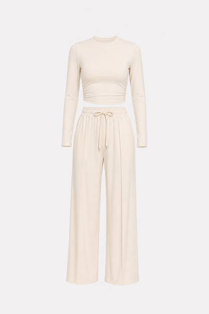 Ruched jersey top and wide-leg trouser set