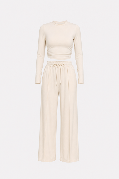 Ruched jersey top and wide-leg trouser set