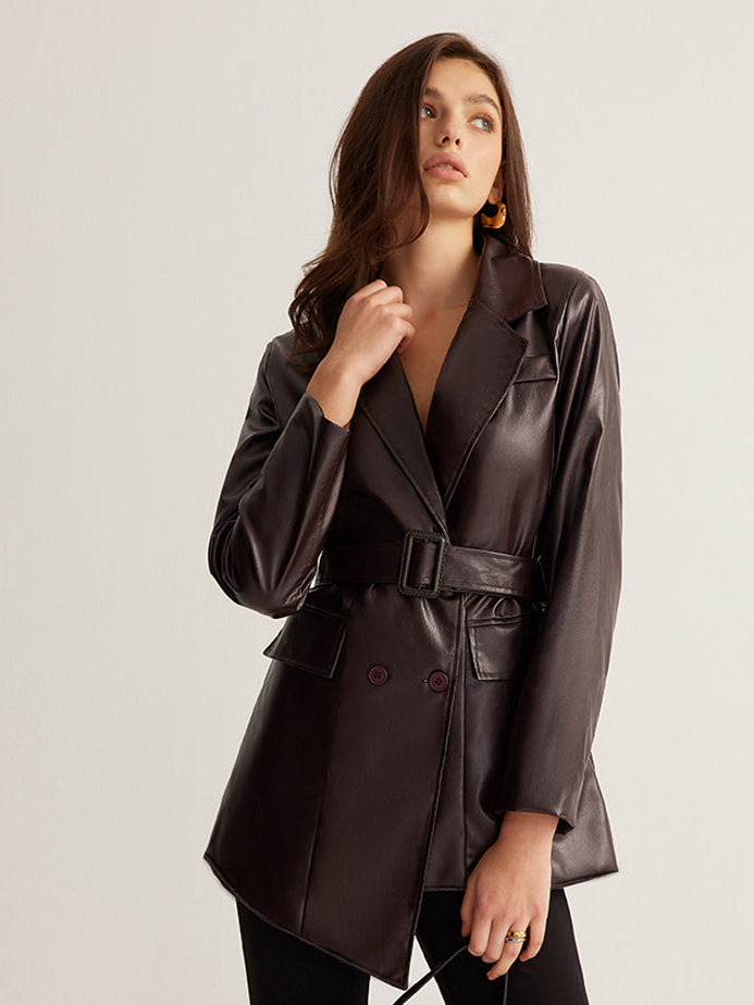 Burgundy Belted Wrap-Front Leather Jacket - view 5