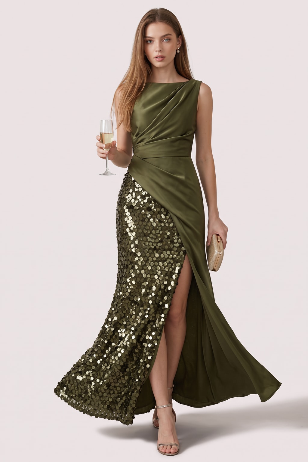 Satin Sequin Maxi Dress with Ruched Waist and Boat Neck - 5