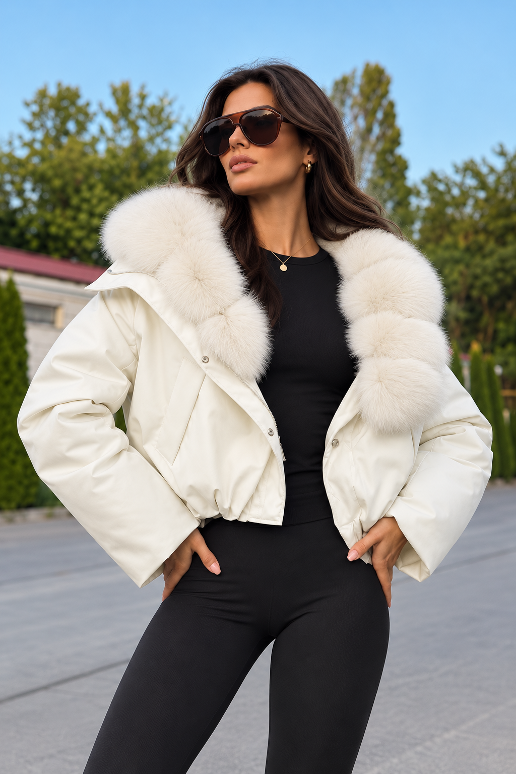Polyester Puffer Coat With Fur Collar And Pockets - 8