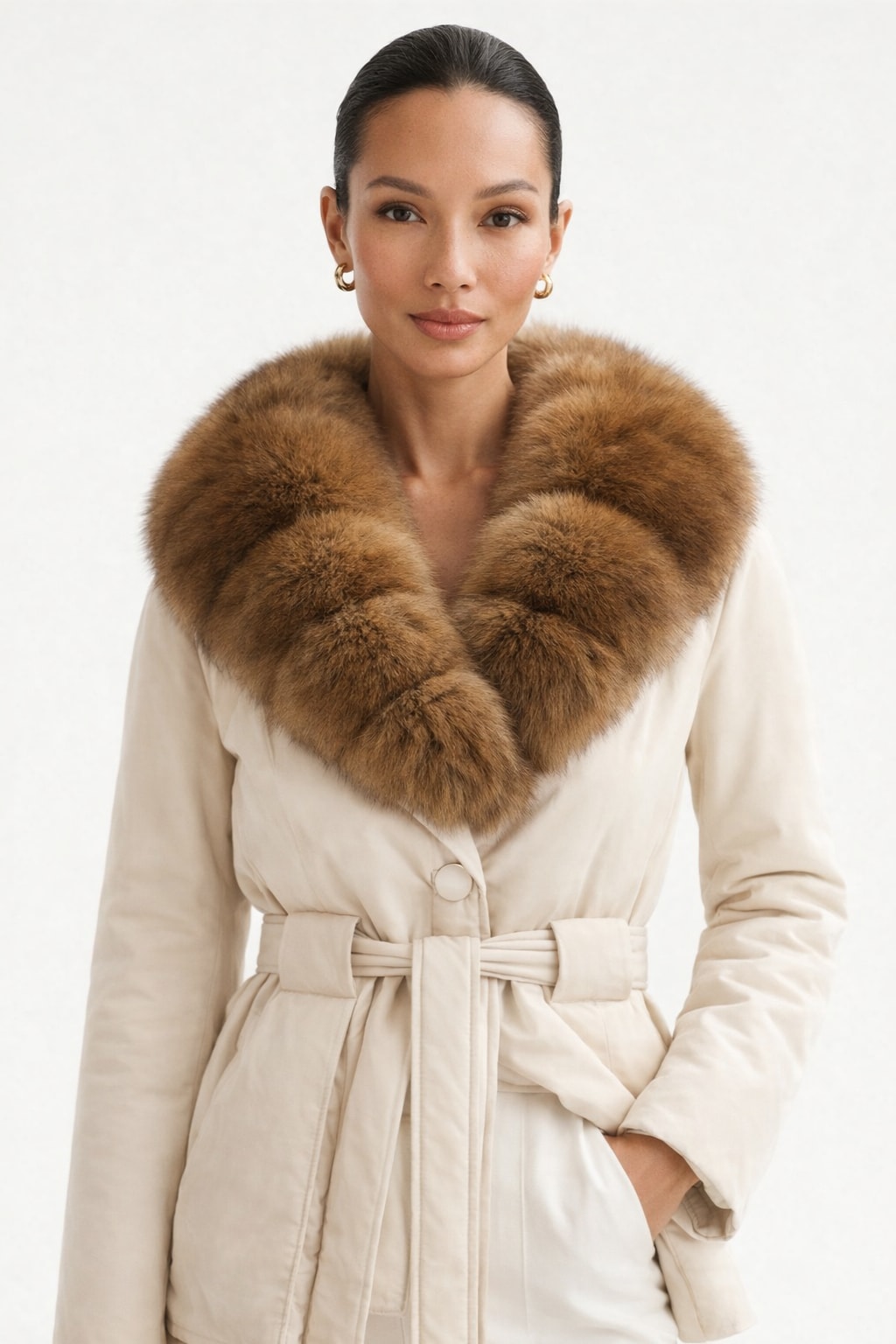 Down Jacket With Fox Fur Collar And Belt - 18
