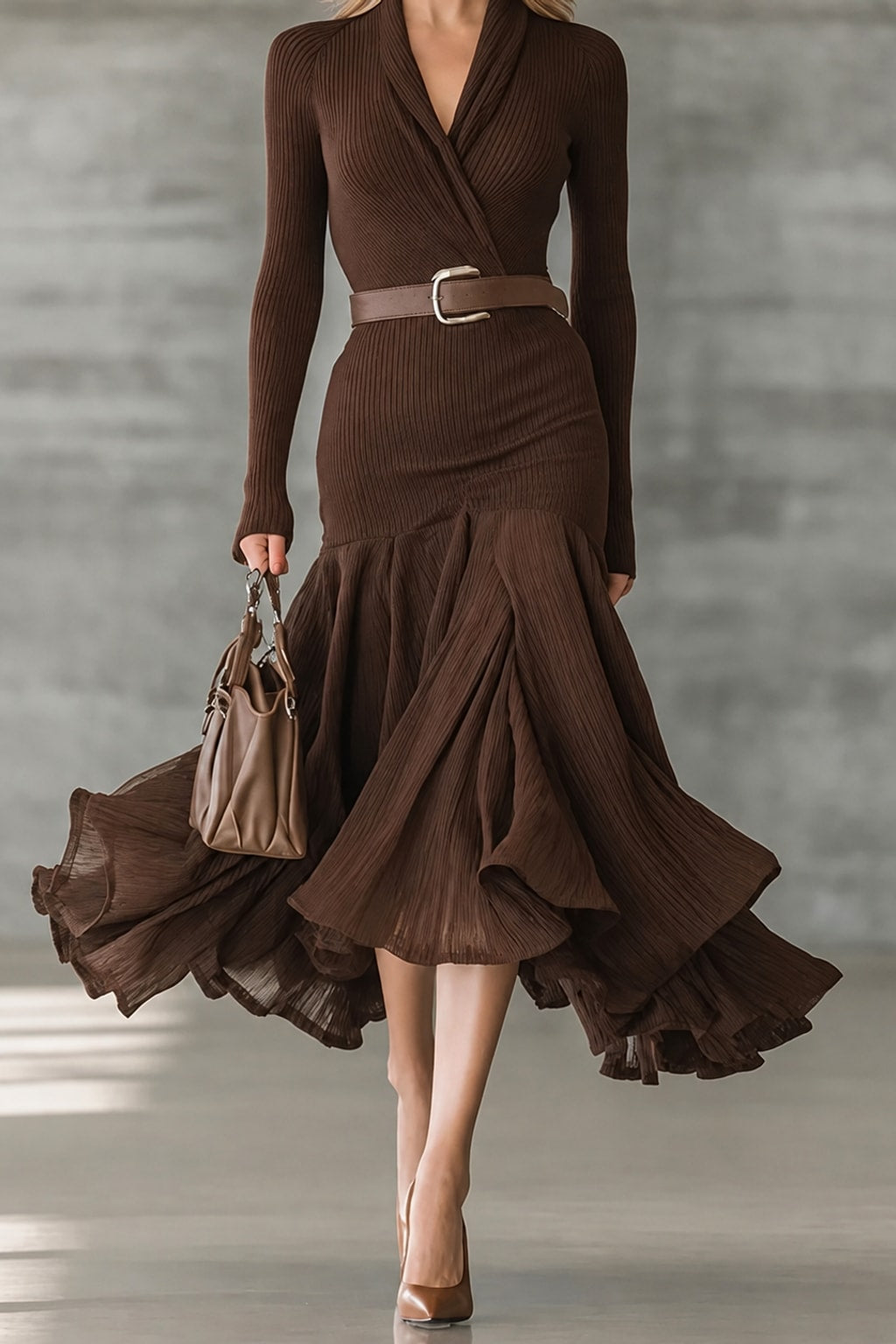 Synthetic Fiber Knitted Dress V-Neck Ruffle Hem - 4