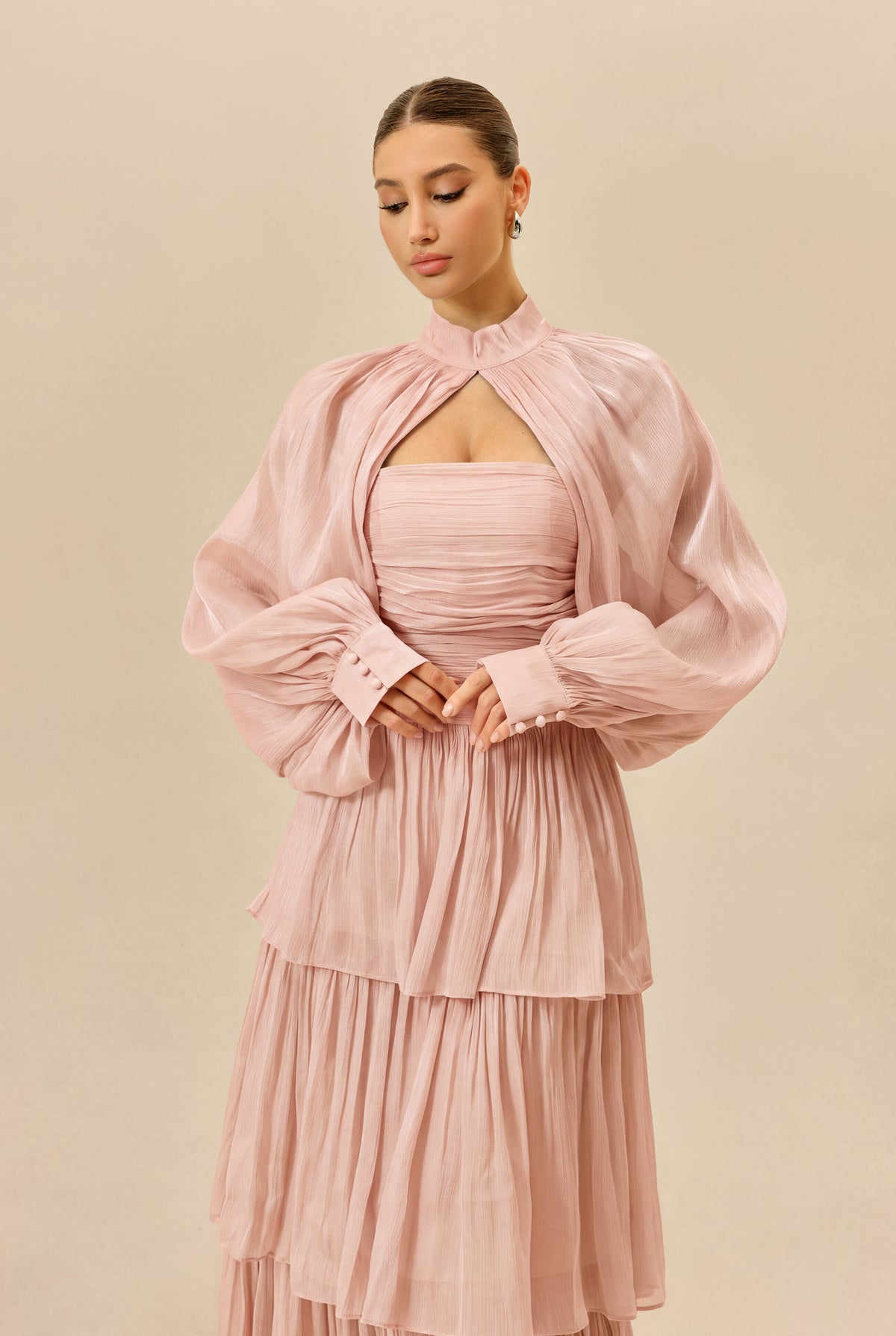 Pink Tiered Chiffon Maxi Dress with Puff Sleeves - view 3