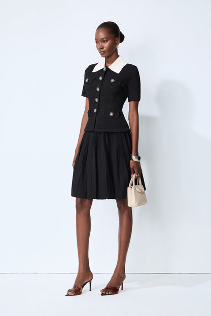 Contrast Collar Knit Top and Pleated Skirt Set - view 5