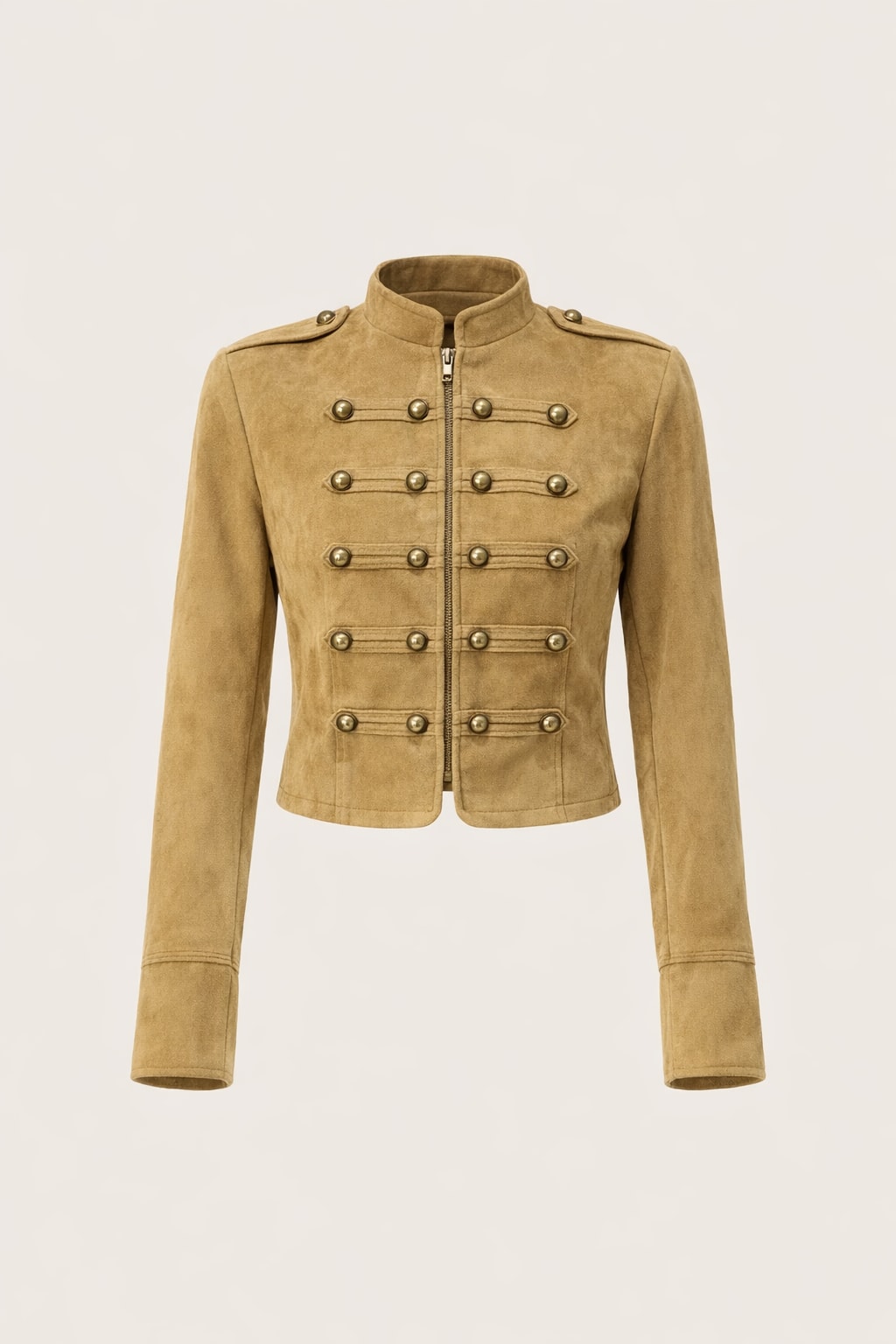 Suede Crop Jacket with Stand Collar and Epaulettes - 1