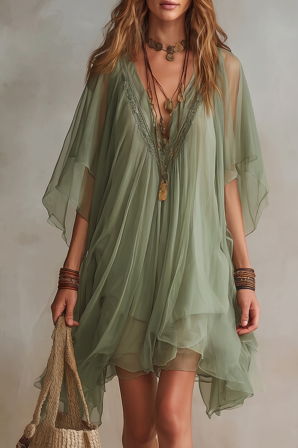 Chiffon Mini Dress With Flowing V-Neck Hem - 5