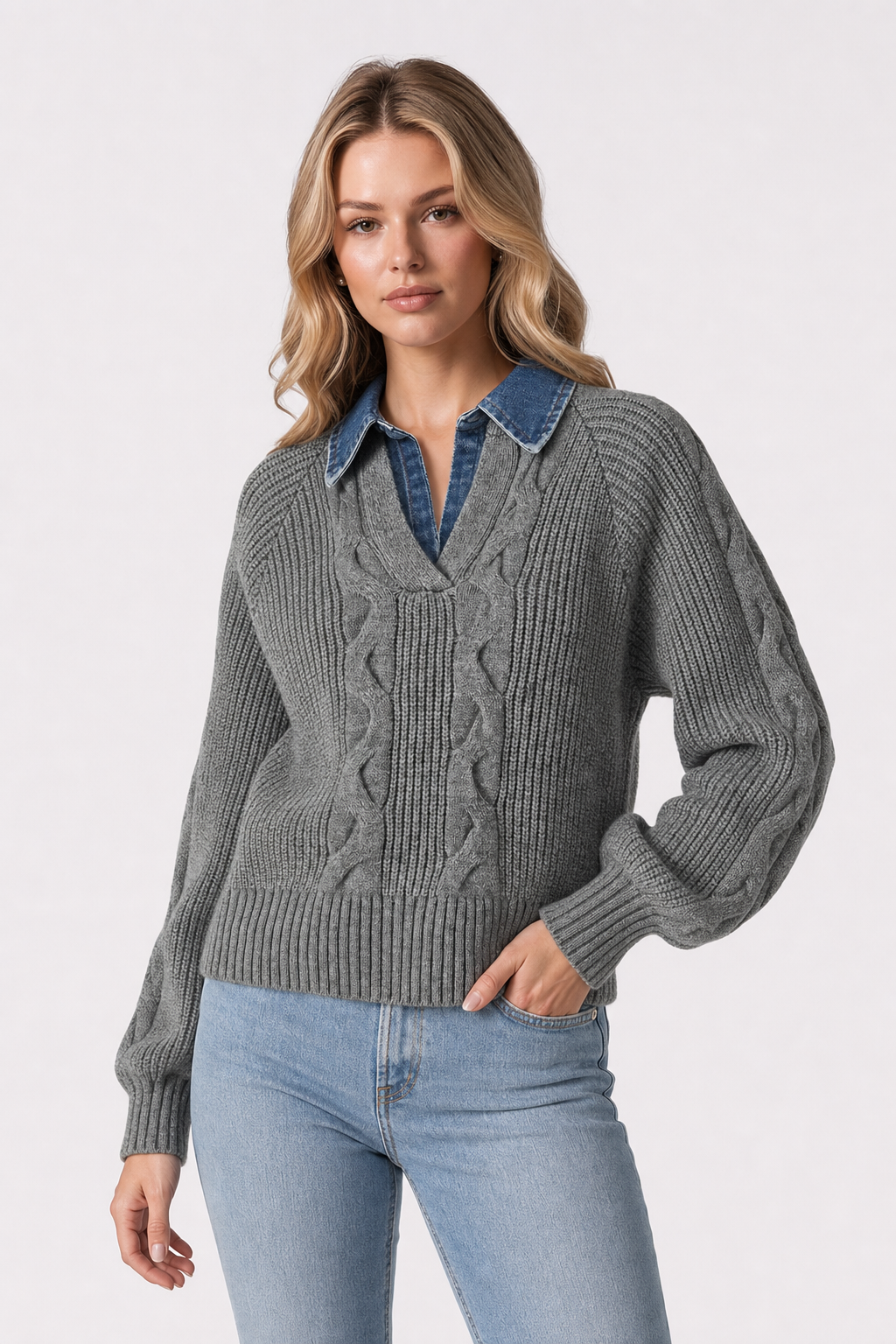 Denim Panel Sweater with Ribbed Lapel - view 3