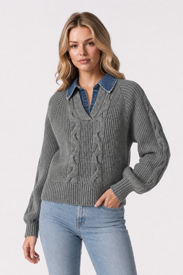 Denim Panel Sweater With Ribbed Lapel - 3