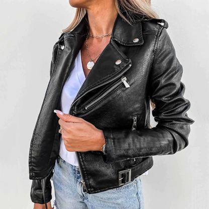 Leather jacket with stand collar and belted waist - view 5