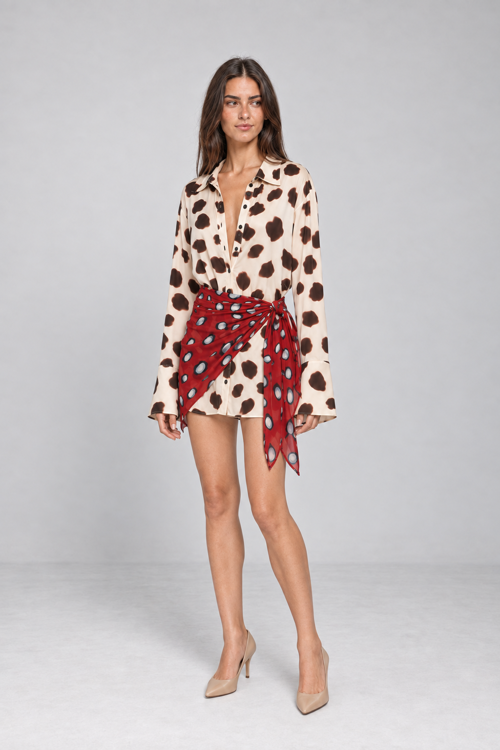 Short Chemise Dress with Animal Print and Scarf - 6