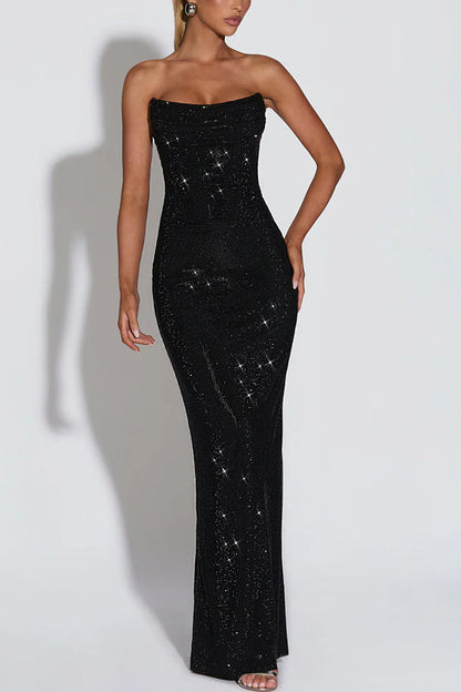 Strapless sequin mesh maxi dress with lace-up back - view 2
