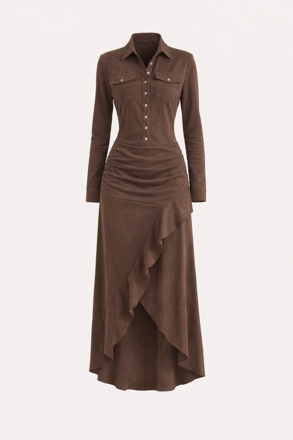 Suede Long Asymmetric Skirt Dress With Long Sleeve Shirt - 1