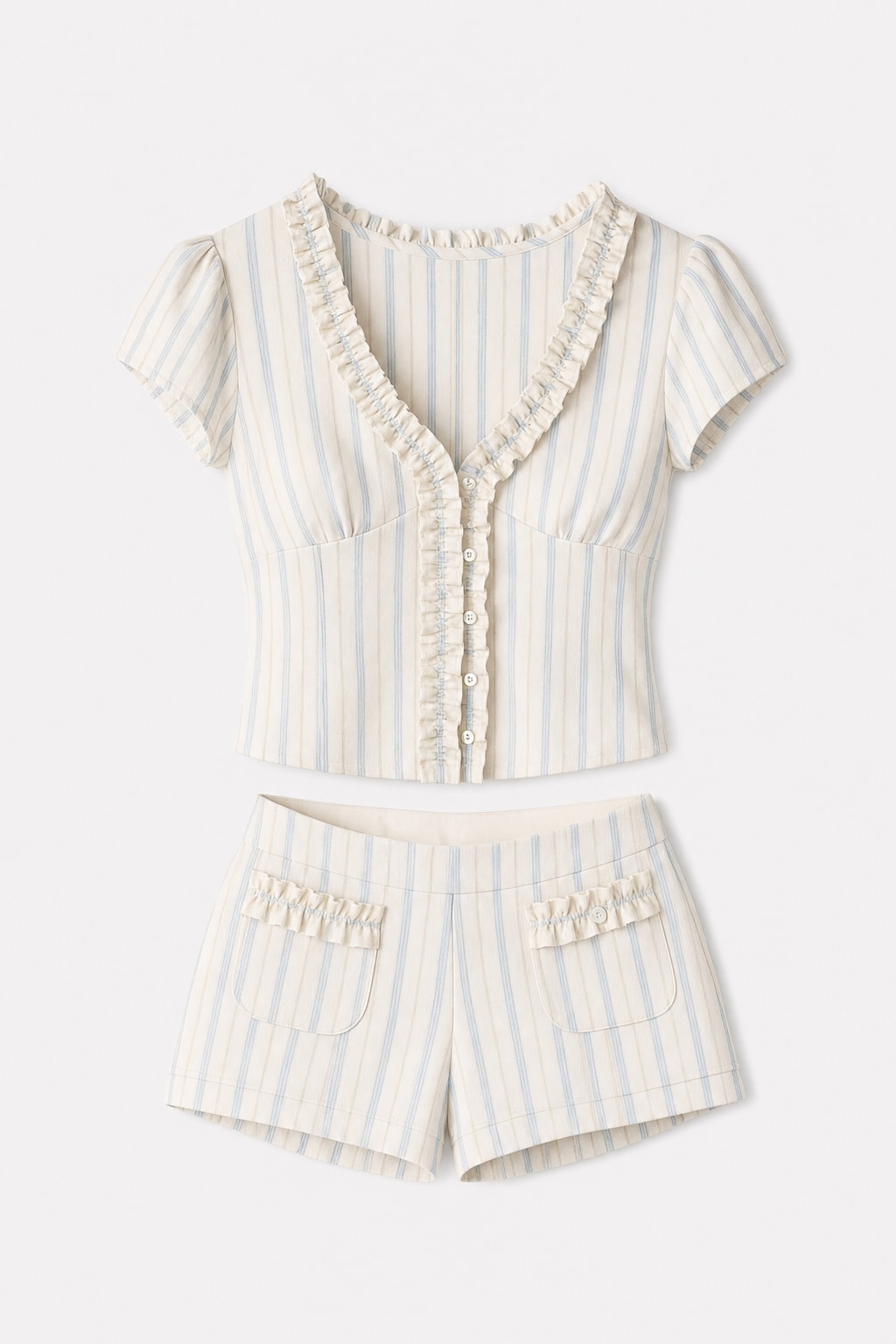 Striped Two-Piece Shorts Set with Ruffle Trim - 1