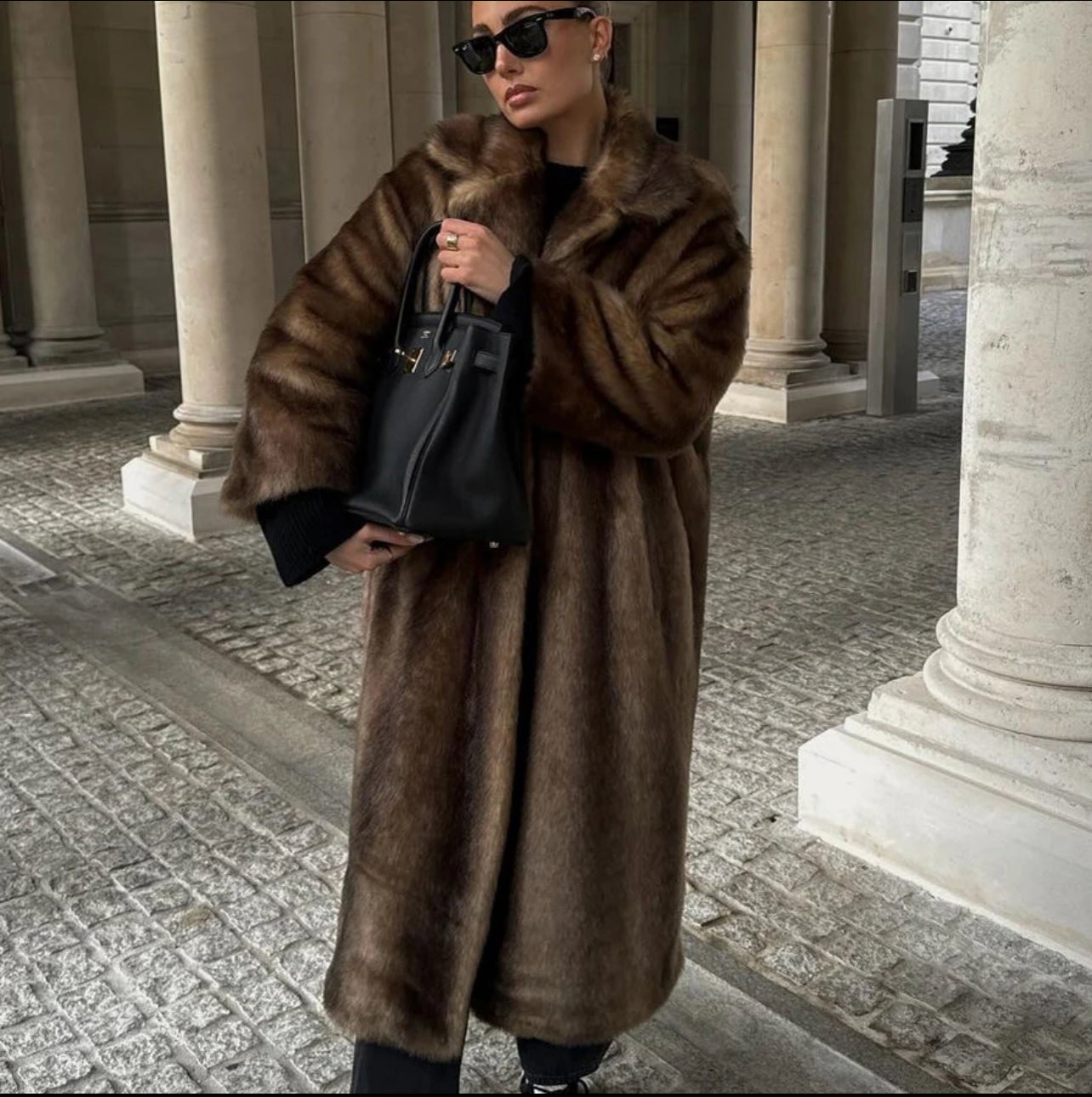 Brown Faux Fur Long Coat with Shawl Collar - view 2
