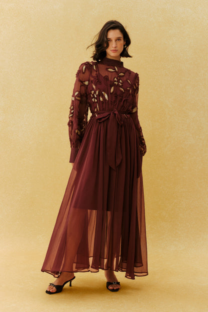 Burgundy Gold Embroidery Long Sleeve Maxi Dress - view 2