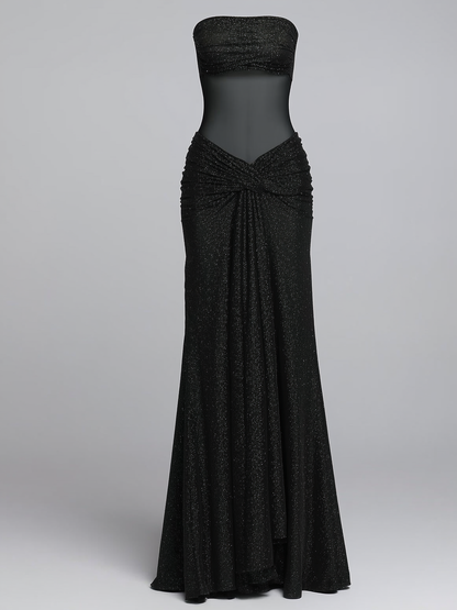 Sequined mesh off-shoulder maxi dress with ruffle trim