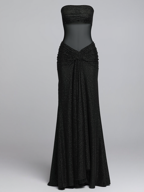 Sequined mesh off-shoulder maxi dress with ruffle trim