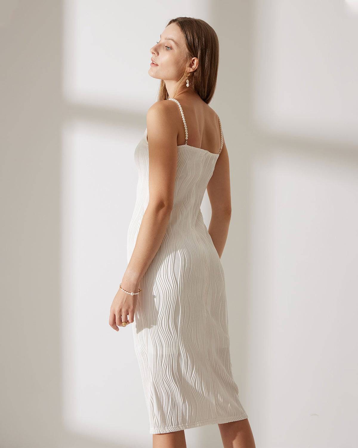 White textured cami midi dress with pearl straps - view 4