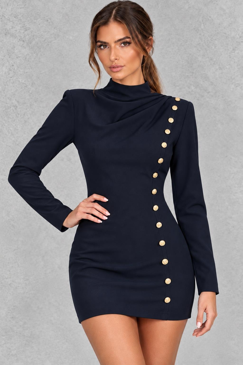 Woven Button-Front High-Neck Mini Dress - 3