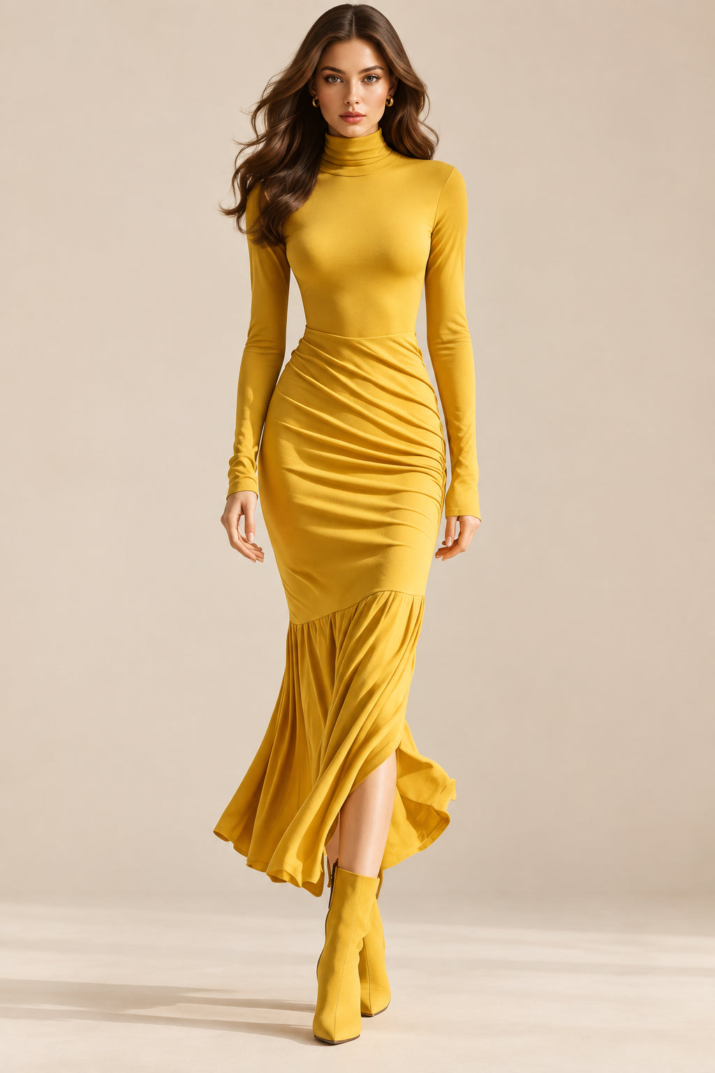 Polyester Maxi Dress With Ruched Turtleneck - 8